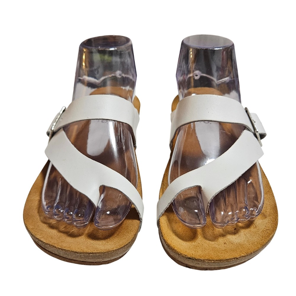 Yokono White Leather Toe Loop Sandals Made in Spain Womens 7.5 Flat Slide Buckle